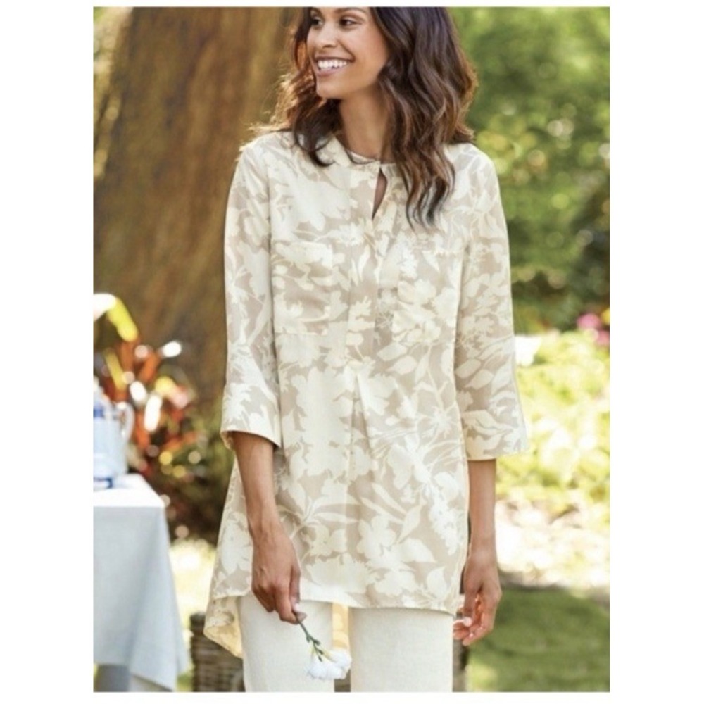 Soft Surroundings Floral Popover Tunic Top 3/4 Sleeve Boho Artsy AOP Neutral M